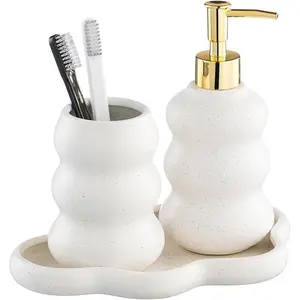 3-Piece Ceramic Bathroom Accessories Set with Sand Point Glaze Design - Tray, Lotion Dispenser, and Tumbler - Bring Nature to Your Bath