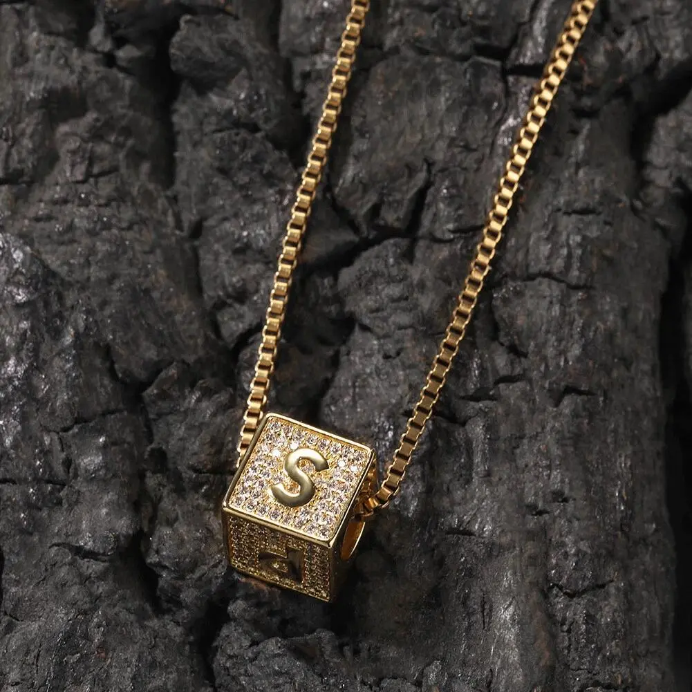 Iced Cube Initial Necklace, Creative Zircon Square Pendant Necklace, A-Z Letter Charms, 18-24 Inch Box Chain, Hip Hop Style, Jewlery Gift