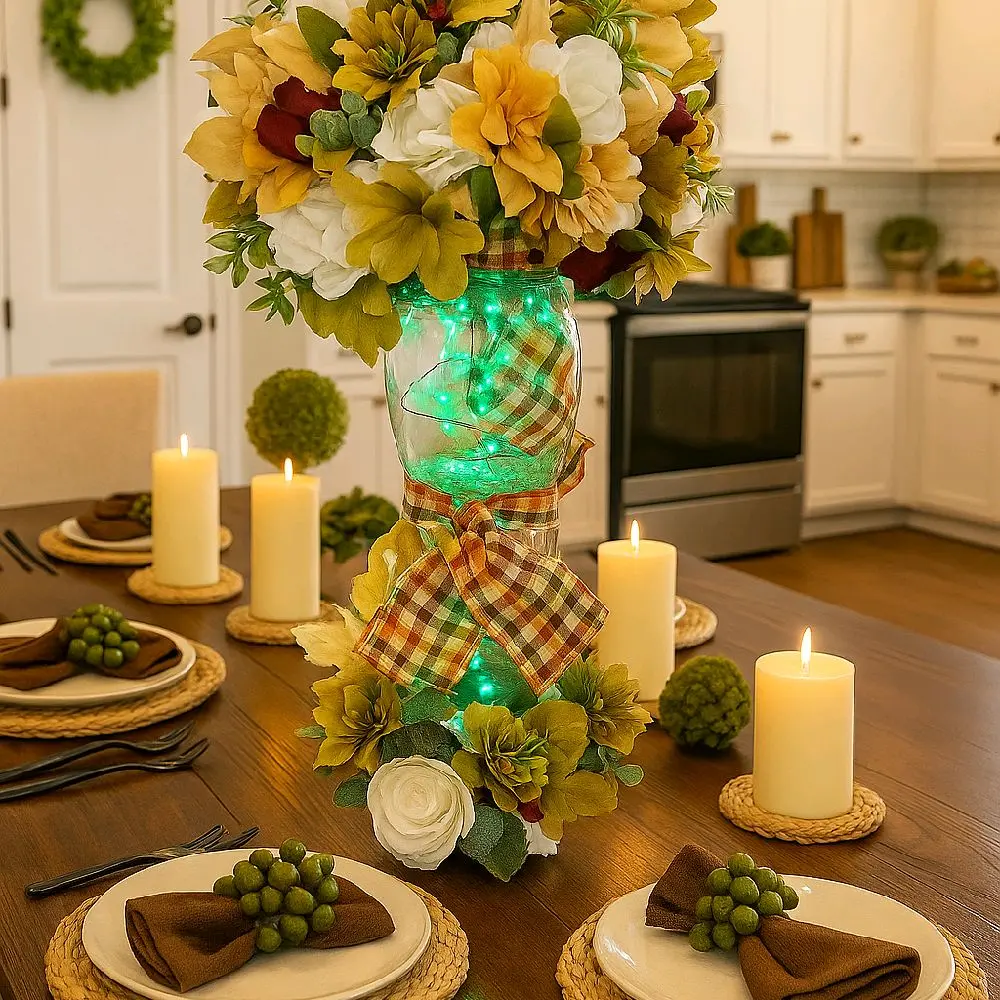 My Butterfly Effects Fall Themed Large Centerpiece with Foliage Greenery LED Lighting & Plaid Autumn Bows for Family Friends Activities
