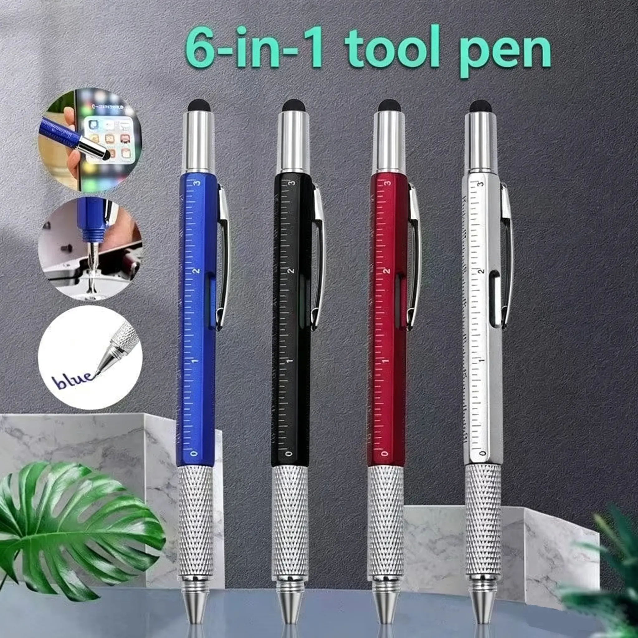 4-Pack 6-In-1 Ballpoint Pen, Multi-Function Tool Screwdriver Level Capacitive Touch Advertise Pen, Versatile Office & Home Use Writing Pens
