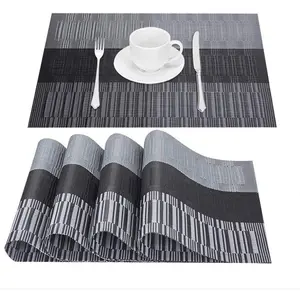 Placemats Set of 4, Heat-Resistant Woven Vinyl Placemat, Non-Slip Washable PVC Table Mat, Easy to Clean Premium Plastic Mats for Dining, Kitchen Table (Black+Gray)