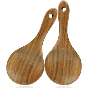 2PC 7.09Inch Wooden Non-stick Rice Paddle Scooper Serving Spoon Kitchen Cooking Utensils