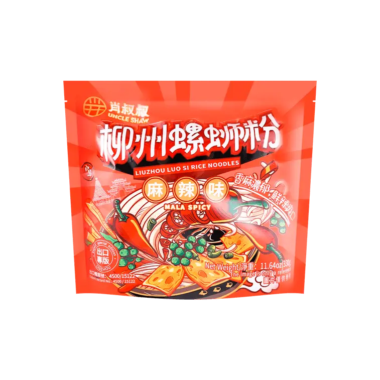 Uncle Shaw Instant Liuzhou Luo Si Rice Noodle, Fiery Mala Twist Flavor - 330g Ambient Pantry Food, High Carbohydrate, Suitable for All Ages