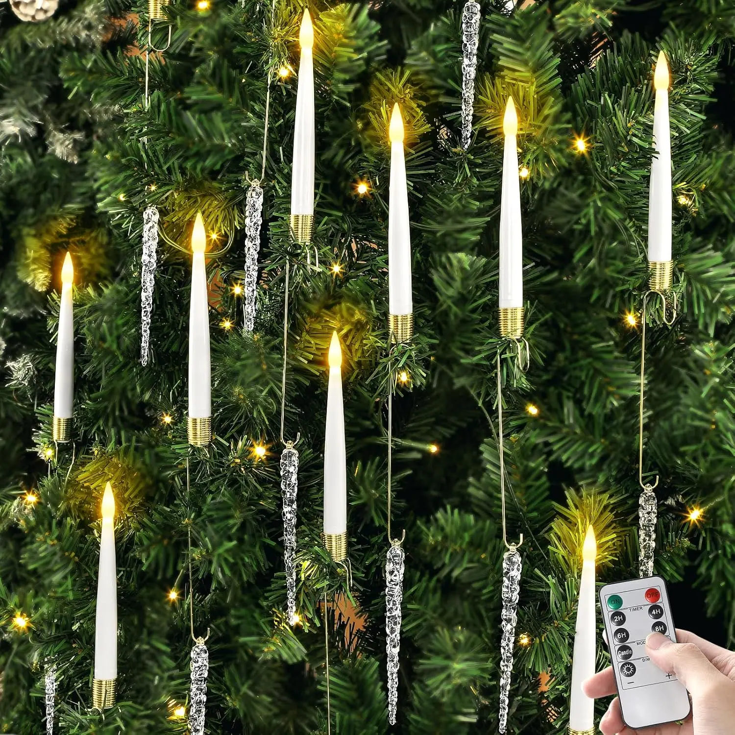 GISGFIM 12-Pack Christmas LED Flickering Flameless Candles with Remote, Timer, Hooks, Acrylic Icicles Hooks, Hanging Crystal Ornaments for Classroom, Weddings, Restaurants (AAA Battery, Suction Cup Compatible)