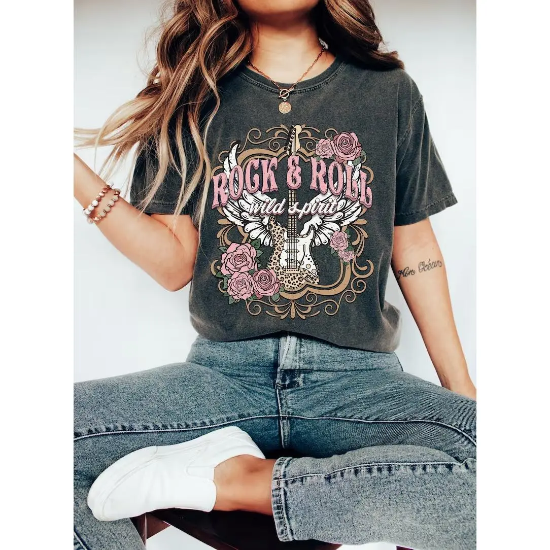 100% Cotton Women's T-shirt Rock n Roll T-shirt: Vintage Guitar Tee, Music Lover Gift