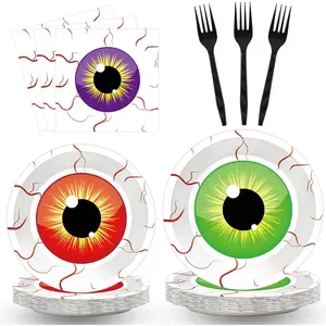 100 Pcs Spooky Halloween Eyeball Party Supplies Set - Serves 25, Scary Disposable Tableware, Includes Paper Plates, Napkins, Forks for Halloween Decorations, Trick or Treat Eyeballs Party Favors