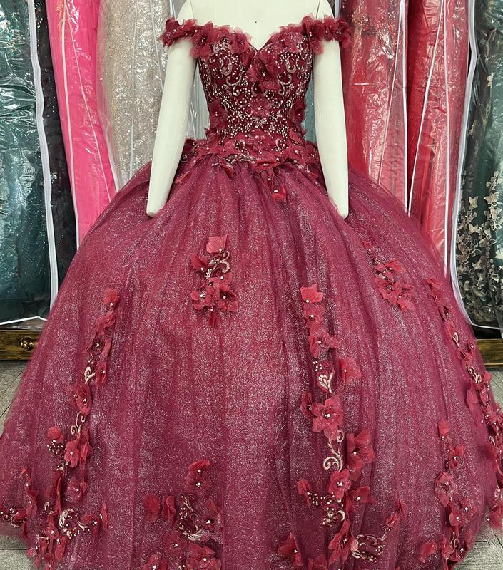 NO.34 Flowers and Metallic Lace Sparkle Tulle Quinceañera Dress schiaparelli  wedding dress white charro  dress club cocktail plus  size mini tube plain mature blue dress quince Sequins Off-Neck sequin dress Womenswear Formal party maxi