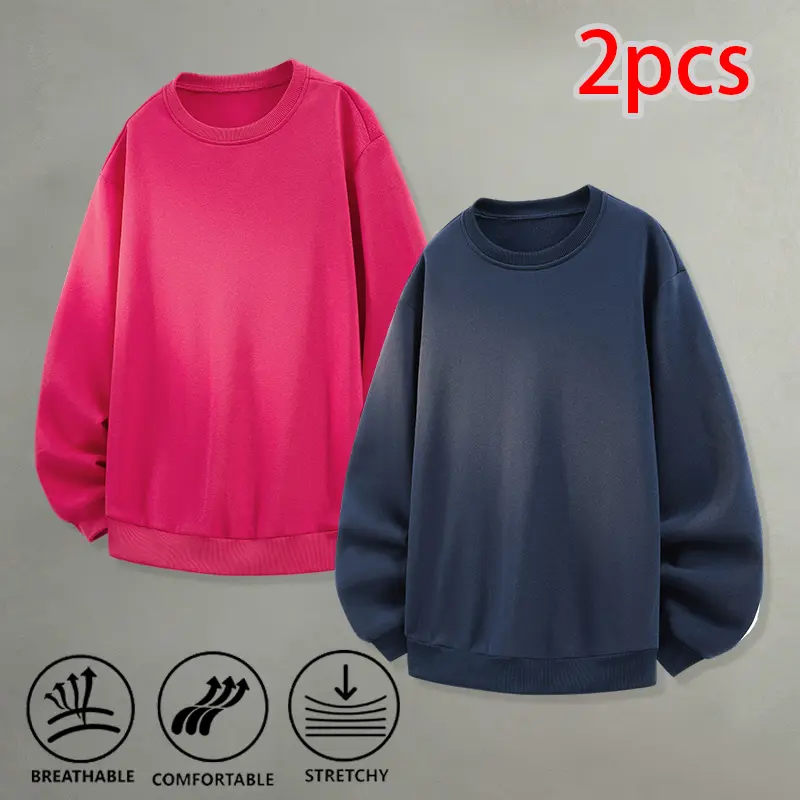 Blank Solid White Crew Neck Sweatshirt 2 Pack Stretchy Breathable Soft Pullover Sweatshirts Casual School Gym Outdoor Workout Loose Long Sleeve Tops