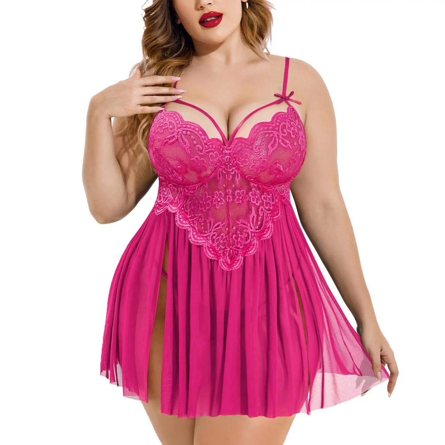 Avidlove Plus Size Lace Lingerie Women Strap Chemise Nightgown V Neck Nighty Sleepwear Side Slit Nightdress