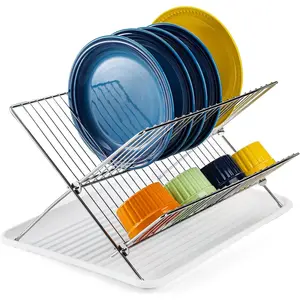 Foldable Dish Drying Rack with Drip Tray, Stainless 2 Tier Dish Drainer Rack, Collapsible Dish Drainer, Folding Dish Rack for Sink, Countertop, Cutlery,, Dishes