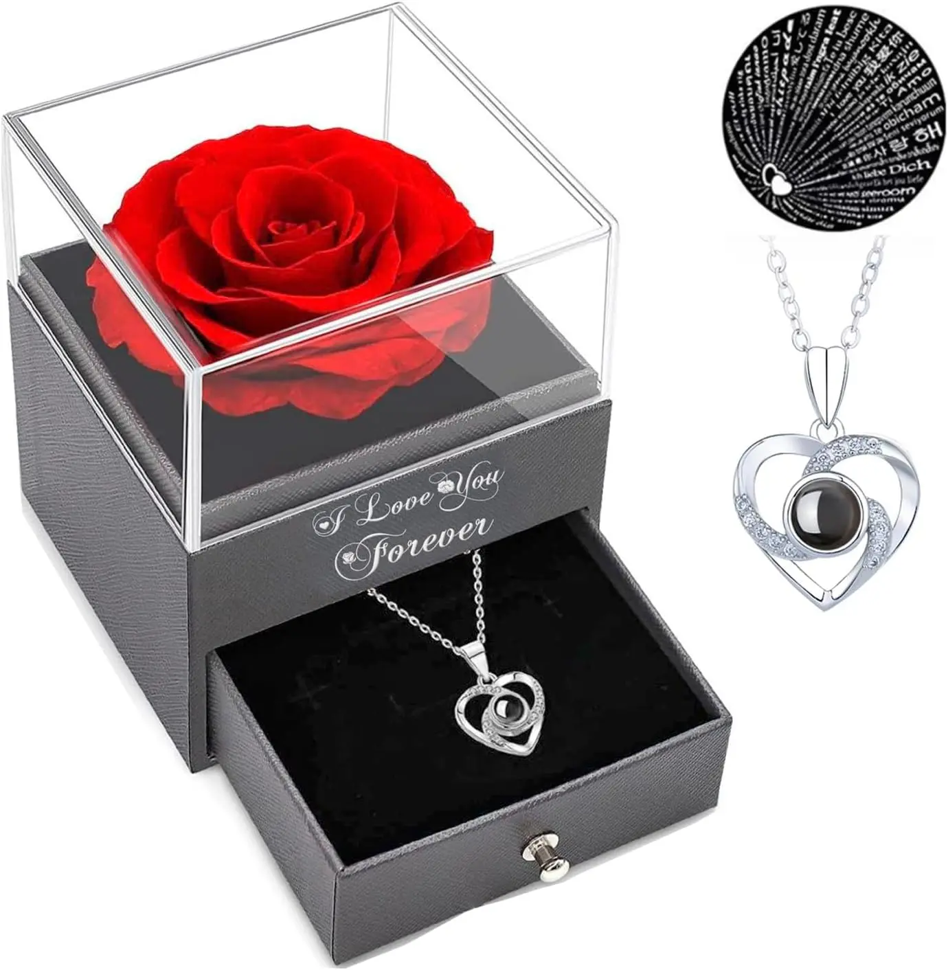 Gifts for Women, Red Rose with I Love You Necklace, Eternal Flowers Rose Gifts for Mom, Wife and Girlfriend on Mothers Day Anniversary Birthday Gifts