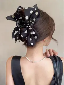 Polka Dot Pattern Mesh Bow Decor Hair Claw, Hair Clip, Cute Hair Accessories for Women & Girls, Minimalist Headwear Suitable for Thick Hair