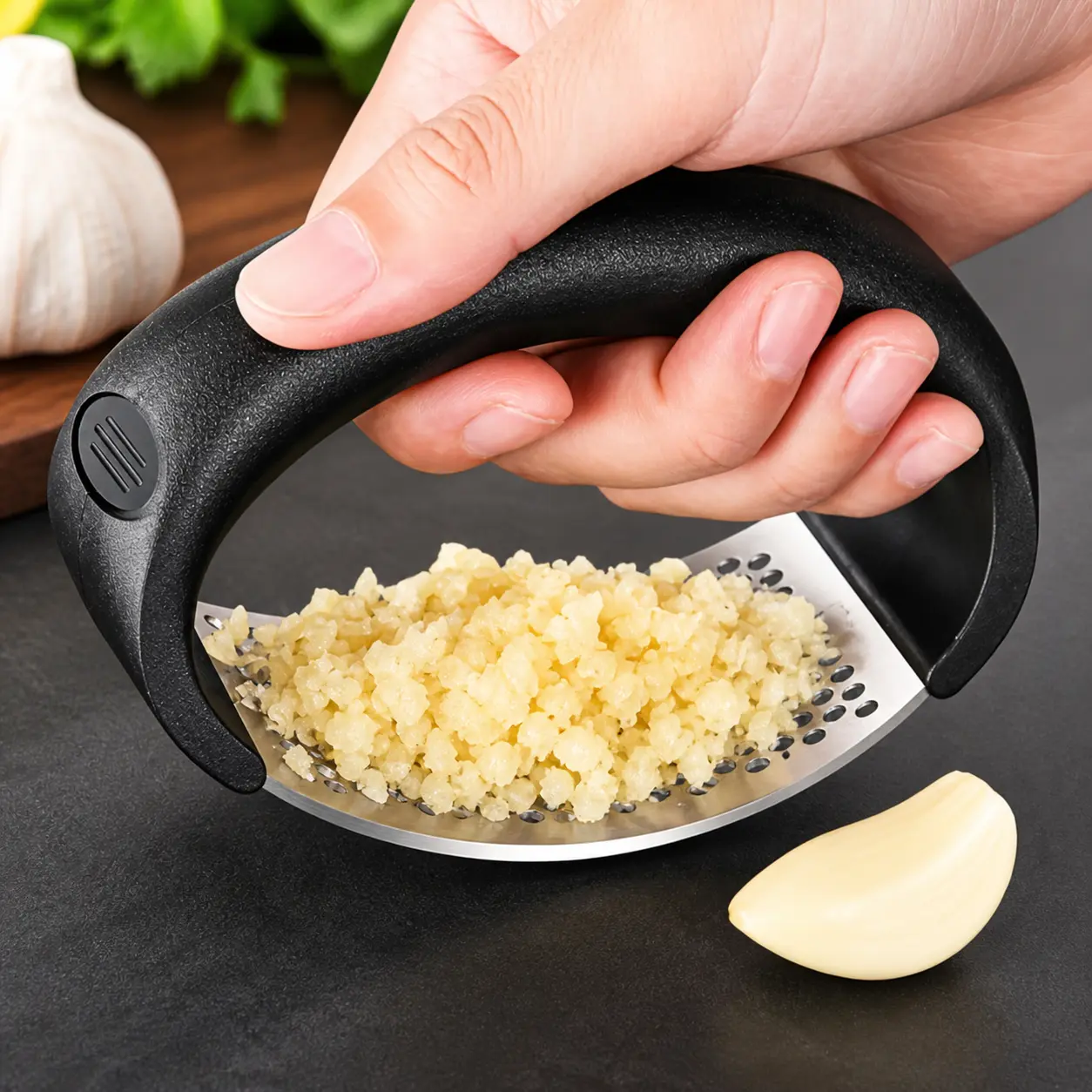 1PC Heavy-Duty Rust-Proof Stainless Steel Manual Garlic Press, Ergonomic Non-Slip Handle Kitchen Tool for Meat, Easy-to-Clean Crusher and Mincer