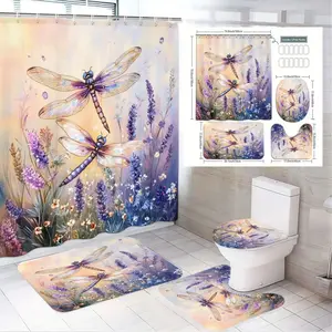 4pcs Elegant Lavender Dreams Dragonfly Bathroom Set, Includes Shower Curtain, Bath Mats, Toilet Seat Cover, The floor mat fabric is thicker and softer! Perfect for Spring Decor