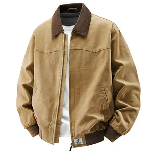 Men's Cotton Washed Jacket Outdoor Casual Versatile Collared Coat Vintage Corduroy Jacket with Brown Collar and Pockets