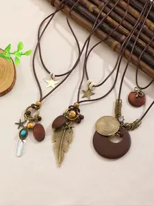 3 Piece Set Zen Style Long Necklace, Vintage Feather Pendant Jewelry, Elegant Ethnic Boho Accessory, All Seasons Fashion