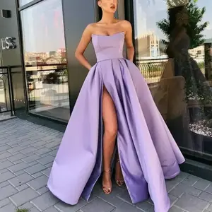 Women's Long Strapless Satin Formal Evening Ball Gown with Sleeves, Slit, and Pockets