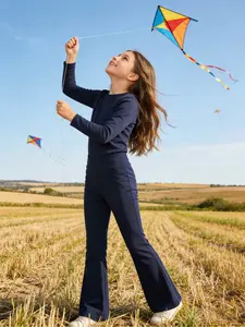 Girls' Knitted Solid Color Elastic Bell Bottom Pants, Fashionable and Simple, Daily Leisure Wear, Suitable for All Seasons, Machine Washable and Dry Cleanable