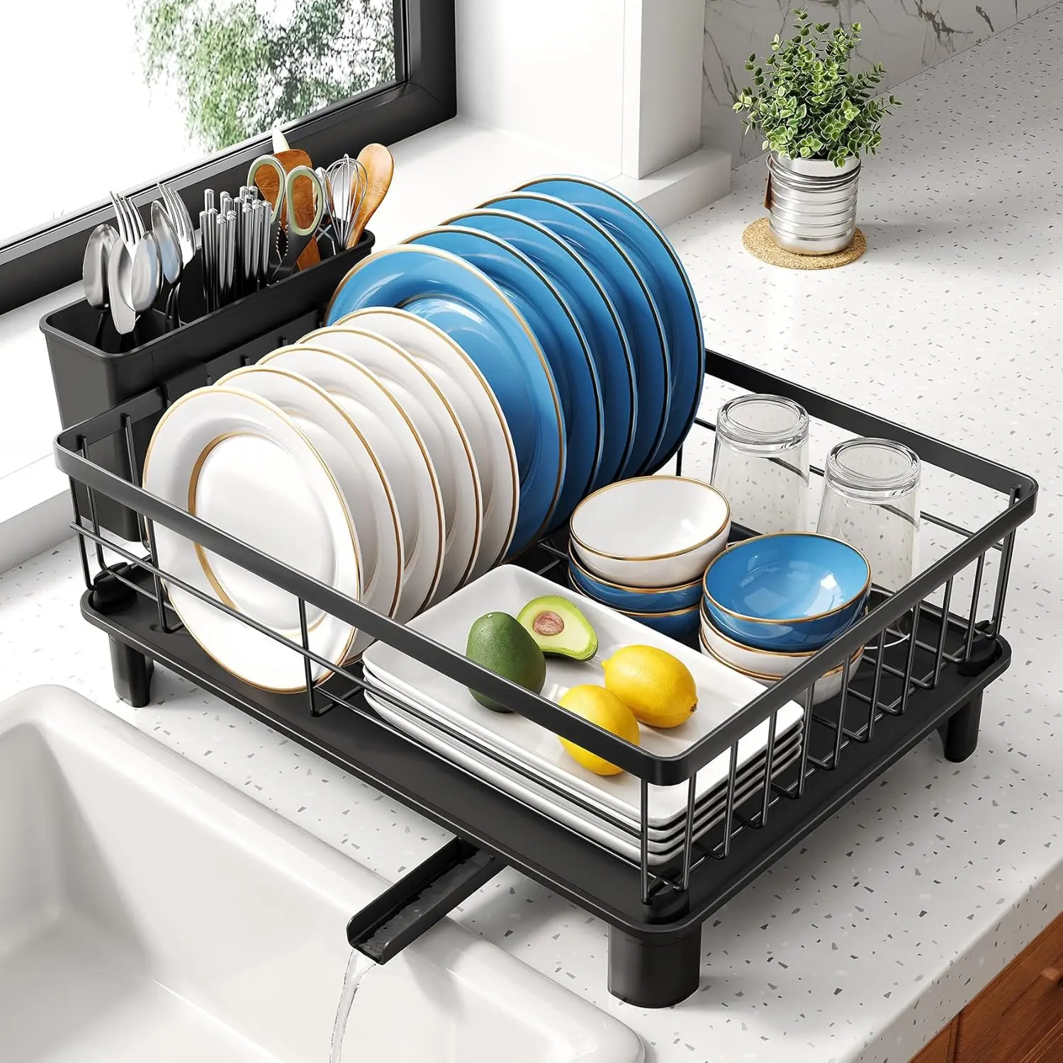 New Deal - Dish Drying Rack Small Dish Rack for Kitchen Counter, Stainless Steel Dish Drainer with Utensil Holder and Drainboard, 11" W x 15" L (Black)