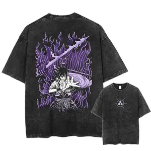 Retro Vintage Sasuke Susano - Naruto Shippuden Anime Double Printed Oversized Mineral Washed Unisex T-Shirt Gift For Anime Fan Cotton Menswear
