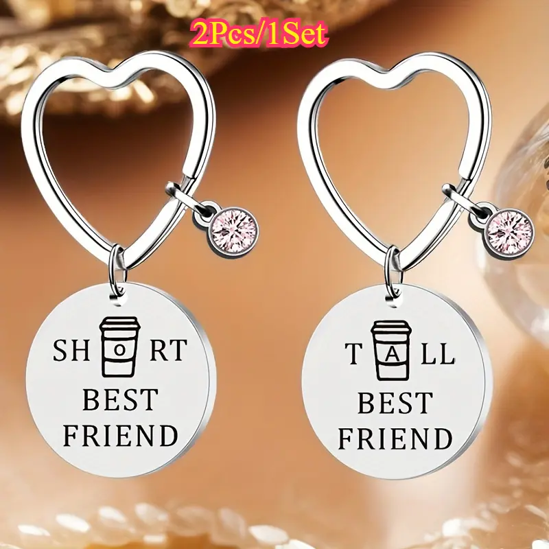 2pcs/set Stainless Steel Best Friend Keychains - Durable, Modern, Unisex Gift Set with Heart, Engraving, Plain Metal, Initial Engraving, Mini Metal Designs, Heart Keychain, Engraving Keychains