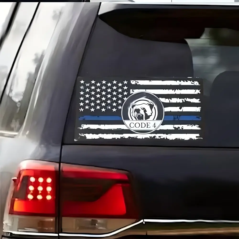 5PC Pre-Cut Thin Blue Line American Flag Car Decals - Matte Black/White/Blue Vinyl Stickers with Code 4 Emblem, Patriotic Law Enforcement Tribute for Car Windows, Bumpers, Pre-Cut Decals