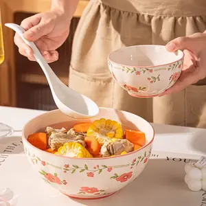 Two 8-inch ceramic noodle bowls, salad bowl, soup bowl, peach blossom pattern, pink color, very suitable for spring, can hold broth, noodles, microwave safe, machine washable