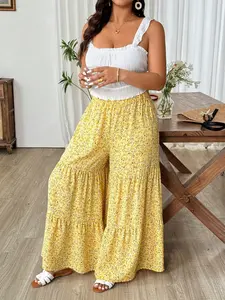 Plus Size Floral Wide Leg Pants, High Waist Elastic Waist Design, Comfortable for Brunch, Beach, Daily Wear