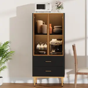 Modern Fluted MDF Glass Door Cabinet - 54 in Height, 2 Drawers, Adjustable Shelves, Kitchen Pantry, Living Room Collectibles Storage Unit