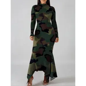 Women's Camo Print Asymmetrical Mock Neck Bodycon Dress, Elegant Fashion Long Sleeve Dress for Daily Outdoor Wear, Ladies Spring & Fall Clothes