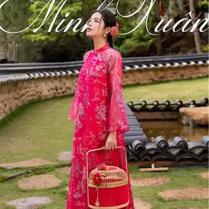 Áo dài Hồng Sen Hoạ tiết thêu nổi kèm quần