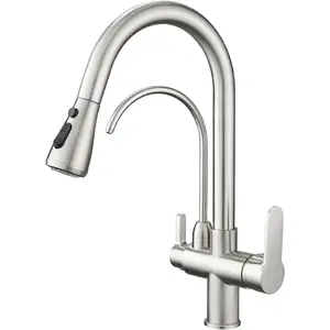 Kitchen Sink Faucet with Pull Down Sprayer 2 Handle 3 in 1 Water Filter Purifier Faucets Brushed Nickel 0195SN