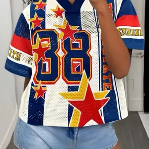 Color Block Striped Trim Mesh V Neck Jersey with Star Design and Number 88 on Front