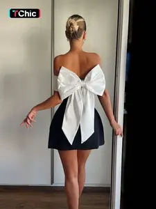 Women's Colorblock Off Shoulder Bow Decor Dress, Fashion Casual  Dress for Daily Outdoor Wear, Ladies Dress for Summer