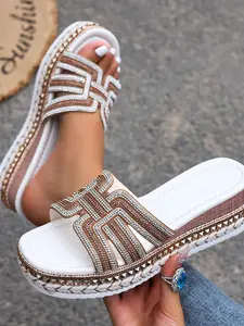 Summer Formal Wedge Sandals, Beach Thick Sole Flip Flops with Studs, Boho Style Toe-Open Ankle Strap, Breathable Comfort, Casual Elegance