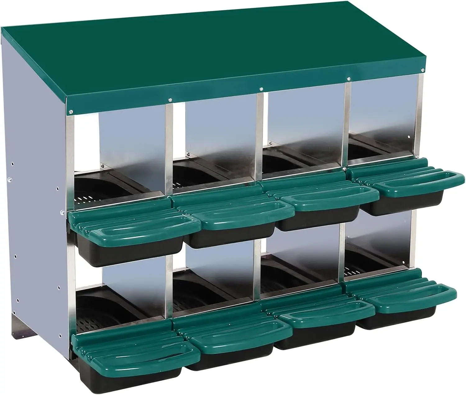 8-Hole Galvanized Steel Chicken Cage - Ventilated Hen House Poultry Keeping Equipment with Convenient Plastic Egg-Collection Tray, Flexible Installation, Hen-Friendly Covers, Hay Bedding Compatibility, Attracts Chickens