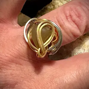 Natural Purple and Chalcopyrite handcrafted stainless steel adjustable statement ring.