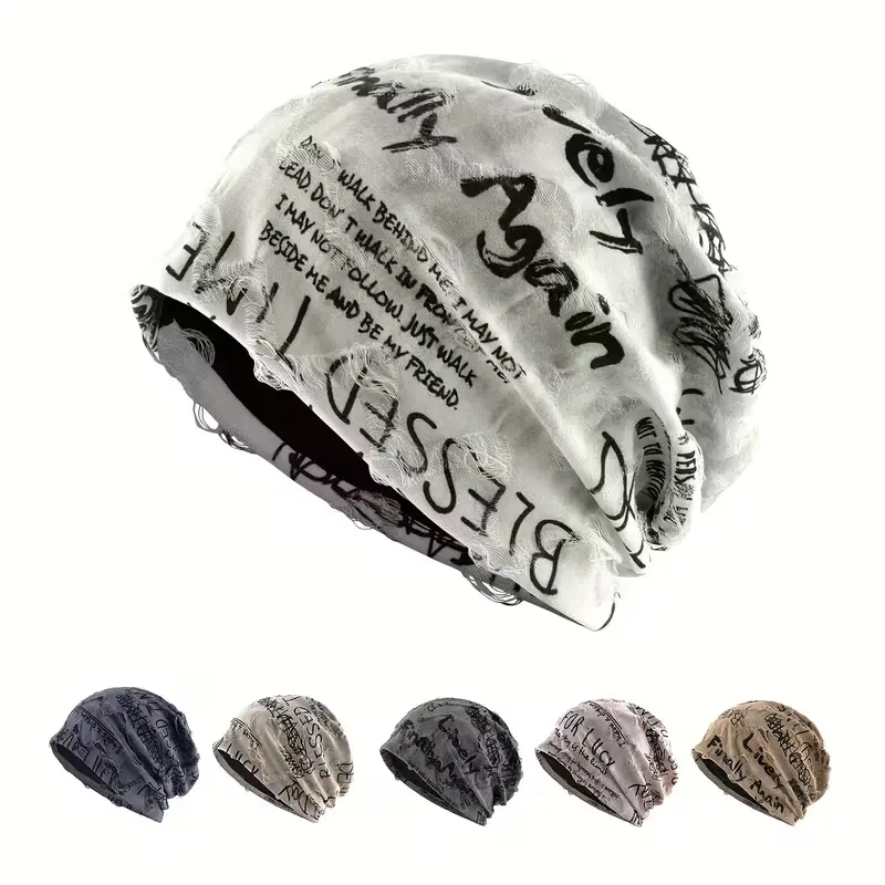1Pcs/2Pcs Unisex Distressed Slouchy Beanie Hat Y2K Streetwear Skull Cap Vintage Graffiti Print Hip Hop Baggy Knit Beanie for Women Men