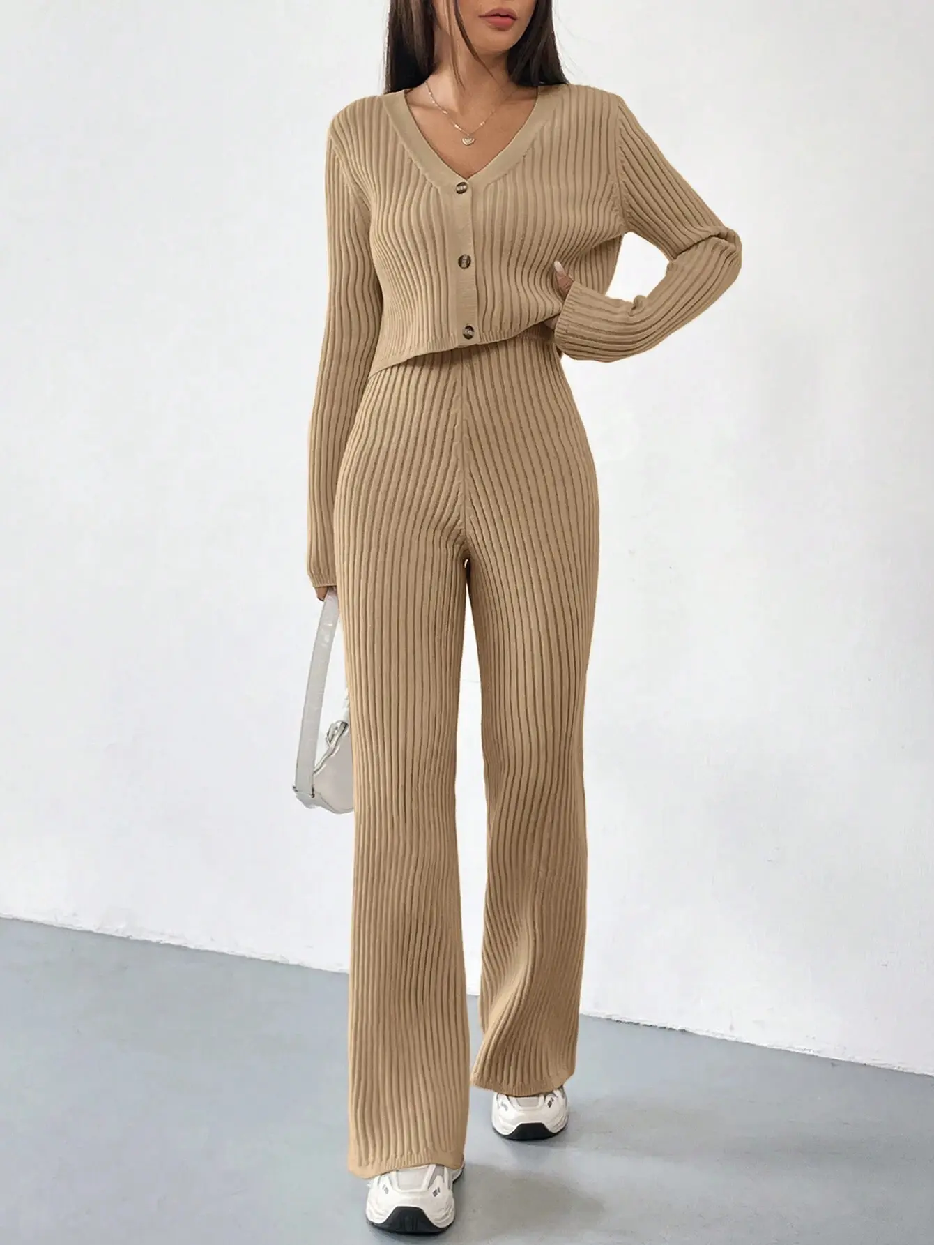 Women's 2-Piece Soft Knit Matching Set, Elegant V-Neck Long Sleeve Sweater and Lounge Pants, Comfortable Casual Everyday Outfit, Women's Clothes