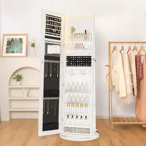 [Valentine's Day gift]LHBCRAFT 360° Swivel Jewelry Armoire with 3 Color LED Lights, Full Length Mirror, Lockable Jewelry Organizer with Rear Storage Shelves,Valentine's Day gift