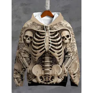 3D Skull Printed Long Sleeve Hoodie-Men's Casual Hoodie with Pockets, Knitted Polyester Fabric, Stretch Version, Autumn and Winter Collectibles Tops Pullover