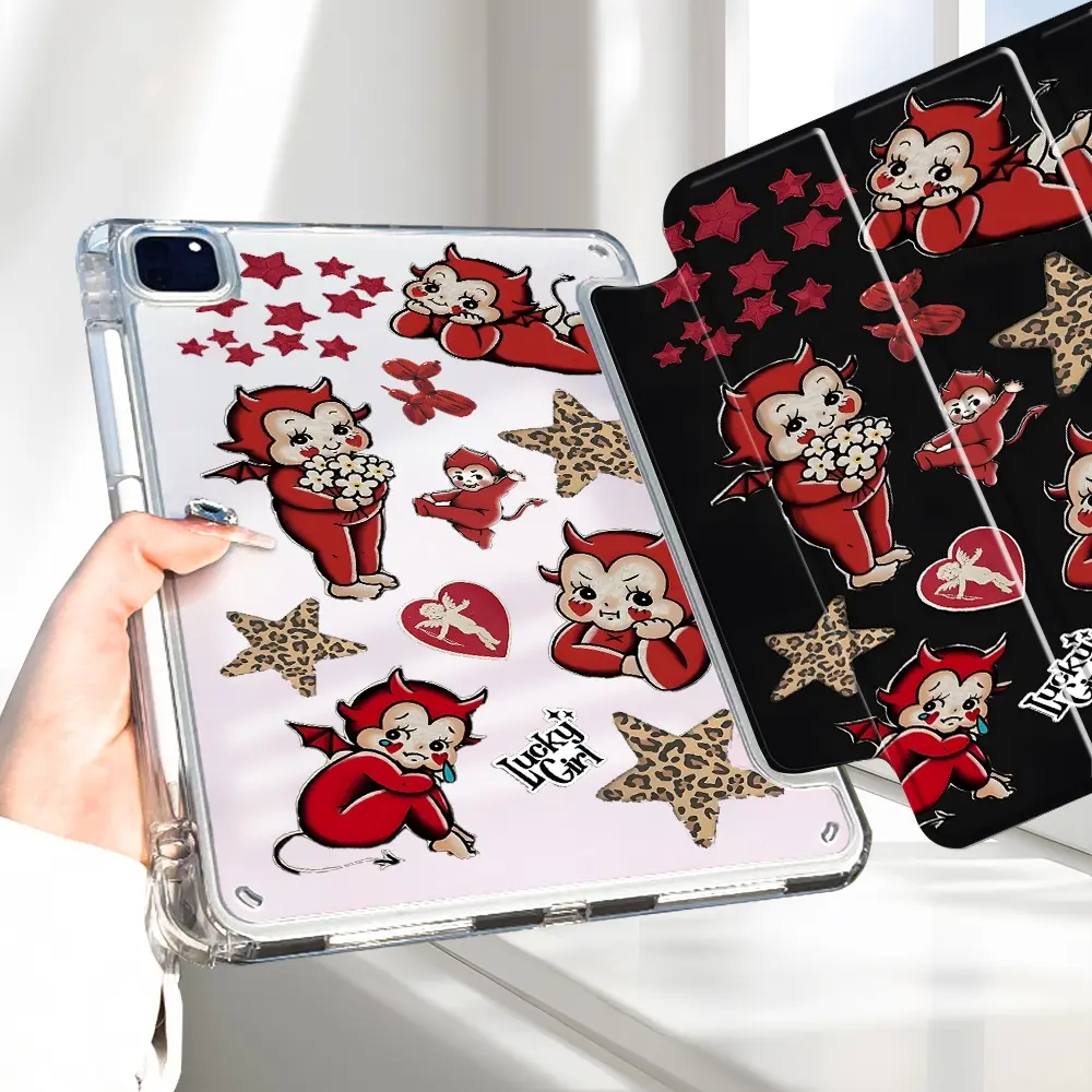 Retro Red Devil iPad Case, Tablet Protective Cover, Protective Casing, Double-sided printing Transparent Acrylic Hard Back Panel With Pencil Slot for Ipad mini pro air, Scratch-resistant Ultra-thin, Shock-resistant Case for Offices Schools Homes