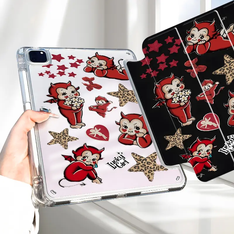 Retro Red Devil design iPad Case, Transparent Acrylic Hard Back Panel With Pencil Slot for iPad mini, Scratch-resistant, Shock-resistant Full Cover Case for Home & Office, Protective tablet casing, iPad Accessories
