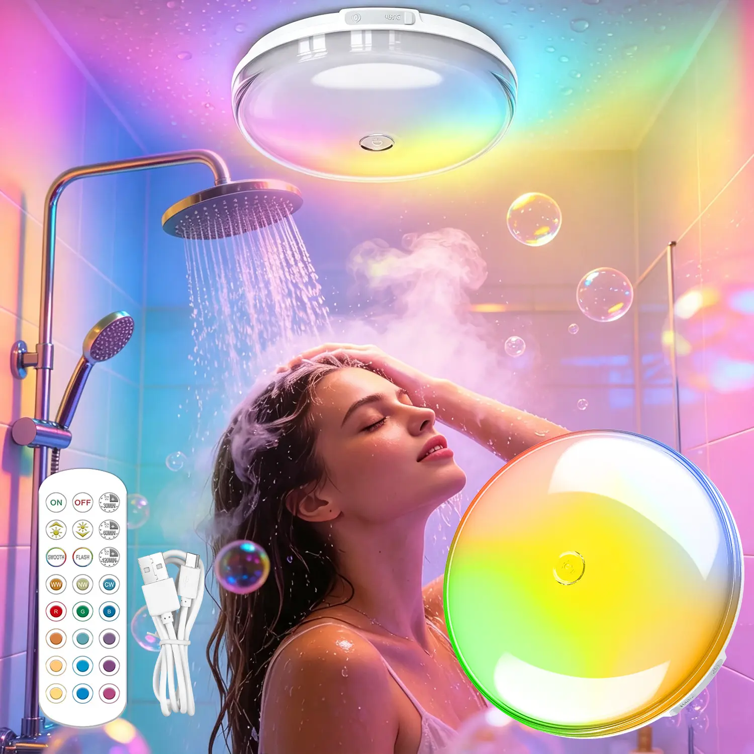 2Pcs Waterproof Shower Light, 15 Color Rechargeable LED with Remote Timer | Wireless Shower Light with Dimmable & Timer for Shower, Magnetic LED Ceiling Light for Bathroom Shower Closet Bedroom