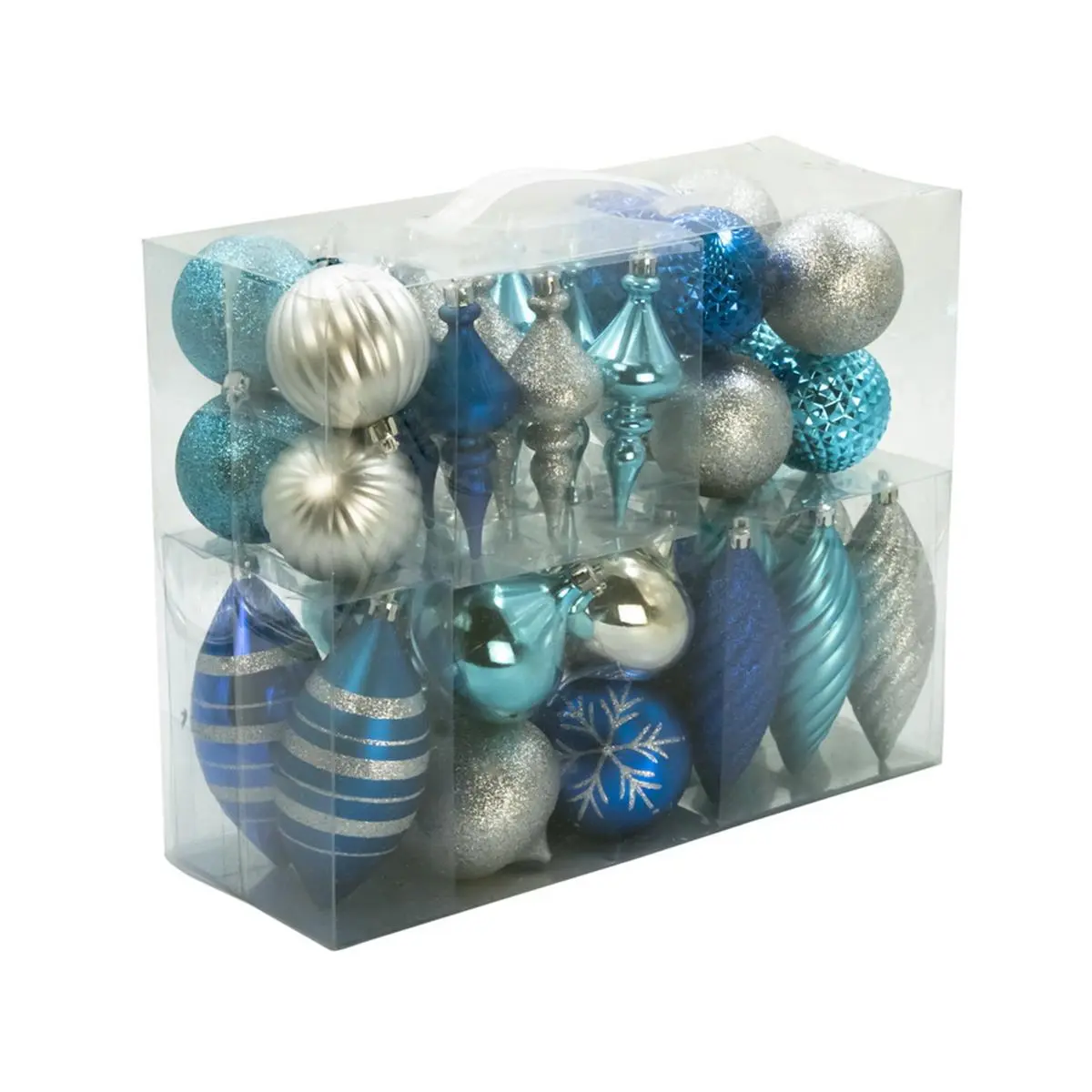 212 MAIN 40-Pack Shatterproof Blue & Silver Christmas Ornaments - 6 Styles (2"x2"x2" Ball, 5"x1.5"x5" Teardrop, 4"x3.5"x5" Onion, 4.5"x1.5"x4.5" Finial) - Indoor Home Festive Decor Supplies, Ball: 2" X 2" X 2", Finial: 4.5" X 1.5" X 4.5"