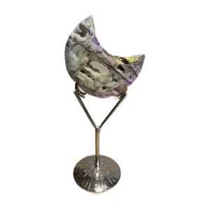 Labradorite Crystal Moon Statue with Druzy for Home Decor