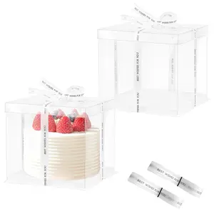 2 Pcs Clear Cake Box with Ribbon, 8.5x8.5x9 Inch Transparent Cake Boxes Carrier for 2-Layer 6 Inch Cakes Clear Tall Cakes Packaging Box Transparent Gift Boxes for Wedding, Birthday Party, Baby Shower