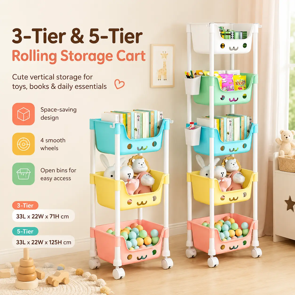3-tier & 5-tier rolling storage cart for kids, colorful mobile toy organizer with open baskets and 4 casters, slim storage shelf for bedroom, playroom, nursery & study