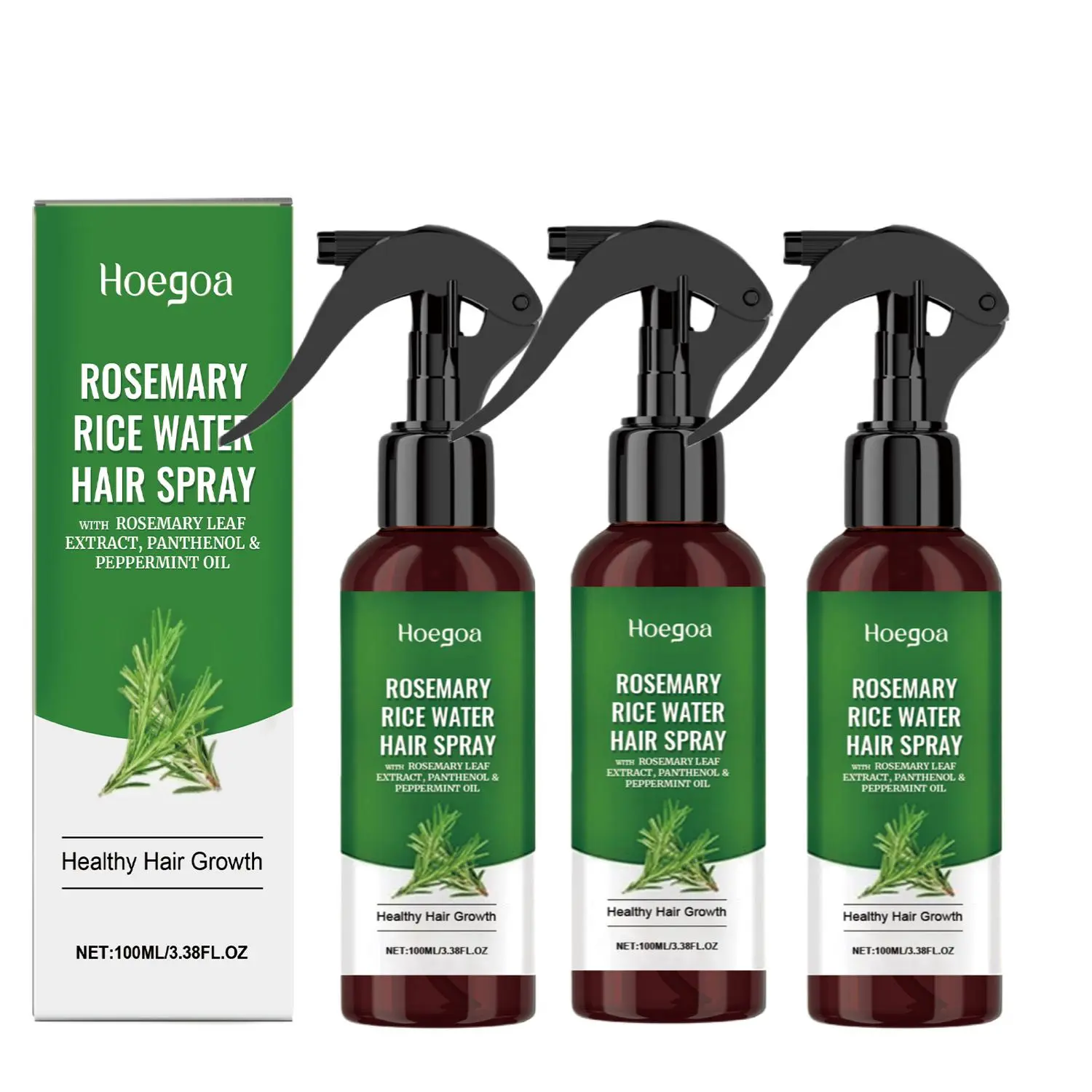 Hoegoa 3-Pack Rosemary Rice Water Leave-In Hair Spray (3.38 fl oz Each) - Botanical Scalp Moisturizing Treatment, Refreshes & Comforts Scalp, Nourishes Dry Curly Frizzy Locks, Strengthens Fragile Strands Daily