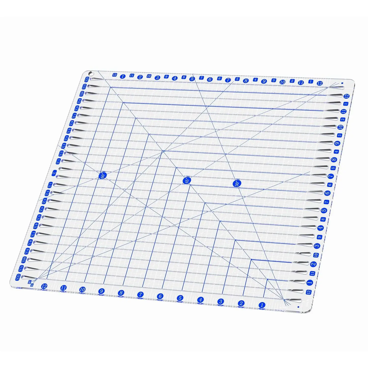 Quilting Ruler, 12.5" x 12.5" Slotted  Ruler for Quilting and Sewing,  Fabric  with 24 count Non-Slip  Grips, Blue & White